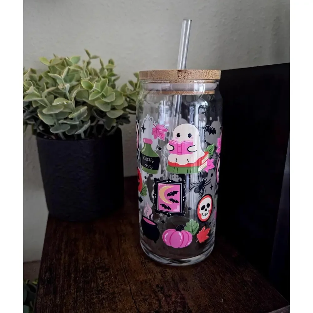 Gothic Spooky Reading Ghost Can Glass Cup Bamboo Lid Whimsical Autumnal
